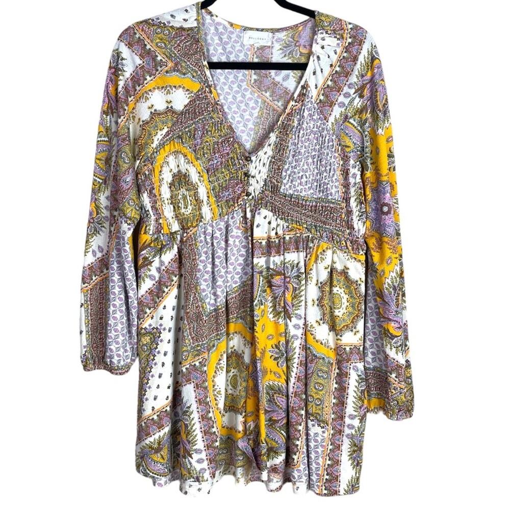 Melloday Sz L Tunic Top Patchwork Floral Boho V Neck Yellow White Pink